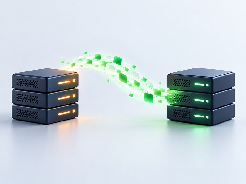 Data flowing between two server stacks, illustrating a managed cPanel to Webuzo migration